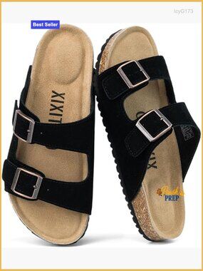 Suede Sandals with Adjustable Double Buckle, Arch Support Cork Footbed, Non